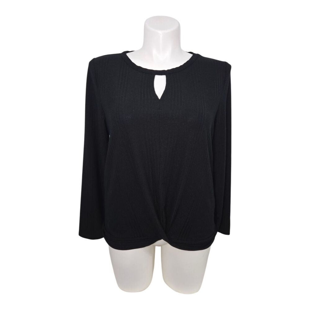 INC Tie Knot Keyhole Blouse Women XL Black Long Sleeve